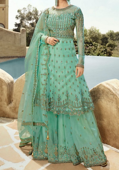 Pastel Wedding Wear Short Anarkali Style Sharara Suit
