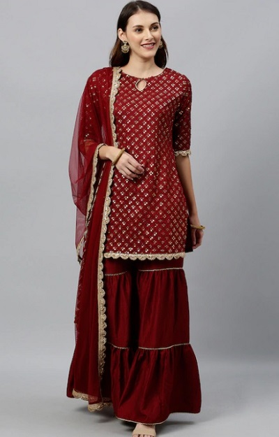 Red Short kurti Punjabi style Sharara Suit Pattern