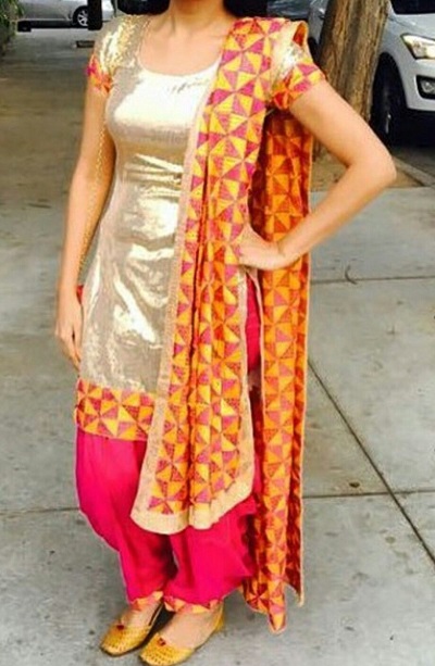 Shimmer Golden Short Punjabi Suit With Phulkari Dupatta