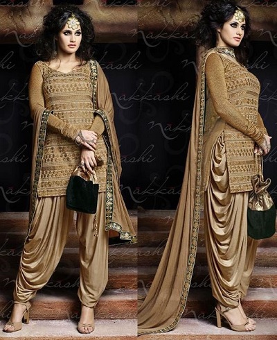 Short Golden Kurti Full Flared Patiala Salwar