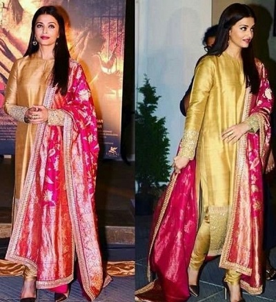 Silk Long Golden Suit With Banarasi Pink Dupatta