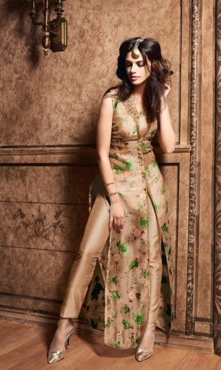 Silk Printed Gold Suit With Trouser Pants