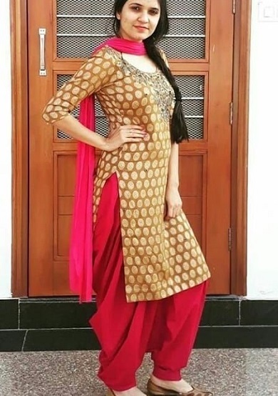 Simple Golden Chanderi Suit With Red Salwar