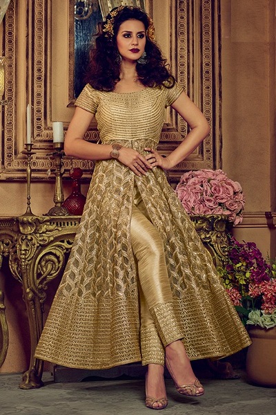 Stylish Golden Net Anarkali Suit With Centre Slit And Trousers