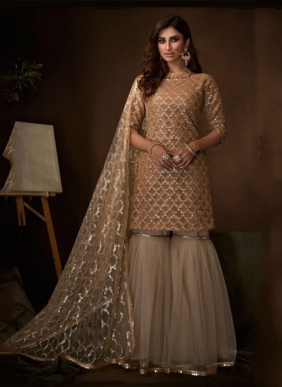 Stylish Net Short Golden Suit With Sharara