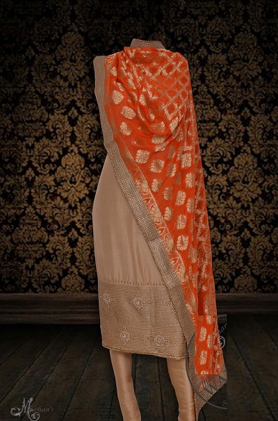 Stylish Silk Golden With Chanderi Orange Dupatta