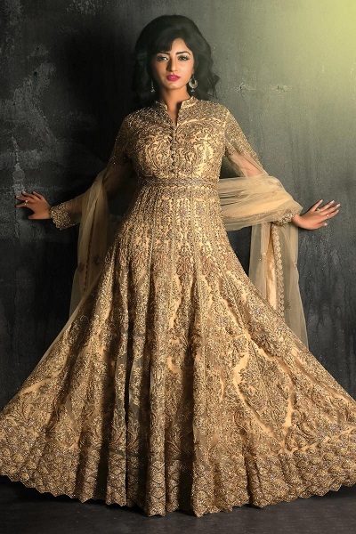 Very Heavy Bridal Golden Anarkali Suit With Net Dupatta