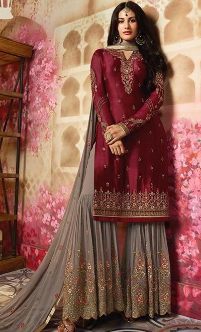 Wine And Grey Embellished Sharara Suit For Parties