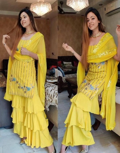 Yellow Multi Layered Sharara With Short Kurti For Parties