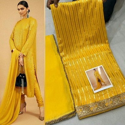 Yellow sequin studded embroidered suit salwar for women