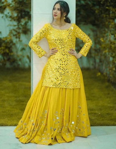 Designer Heavy Mirror Work Yellow Lehenga Kurti