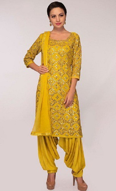 Designer Heavy Mirror Work Yellow Suit With Heavy Patiala Salwar