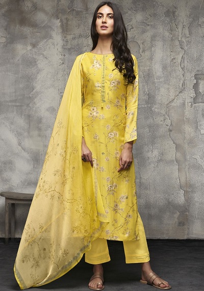 Elegant Yellow Printed Chanderi Salwar Suit