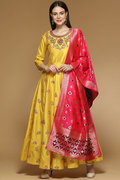 Embroidered Floor Length Yellow Anarkali With Red Banarasi Dupatta