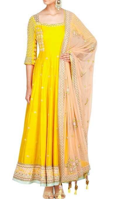 Floor Length Bright Yellow Salwar Suit With Peach Net Dupatta