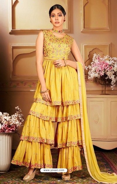 Frock Style Short Yellow Kurti With Layered Sharara