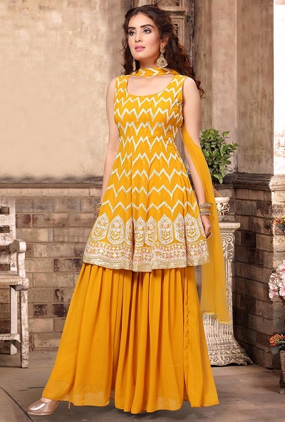 Frock Style Sleeveless Yellow Kurti With Pant And Dupatta