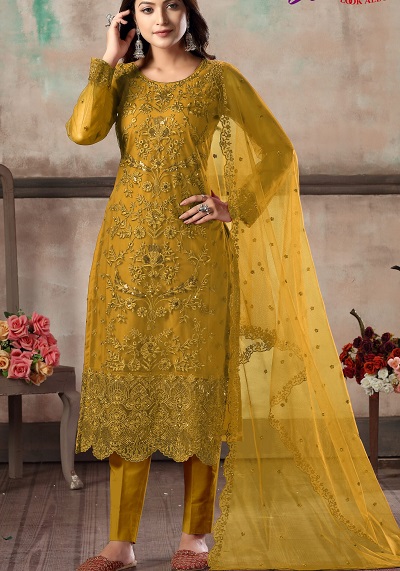 Heavy Embroidered Party Wear Yellow Salwar Suit For Women