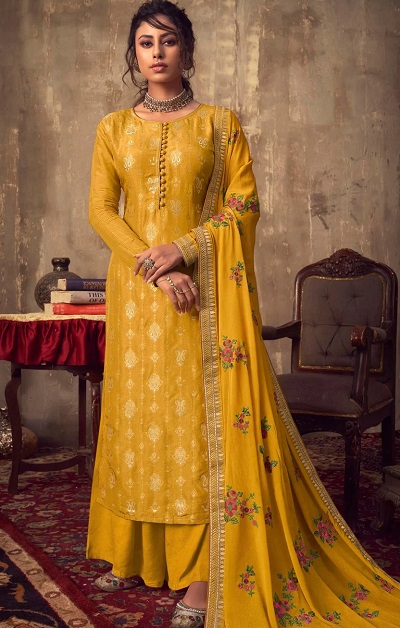 Long Yellow Chanderi Silk Suit With Printed Chiffon Dupatta