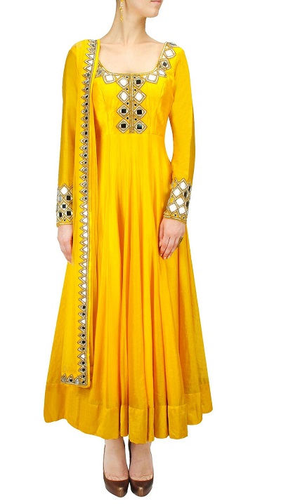 Mirror Work Yellow Silk Long Length Anarkali With Dupatta