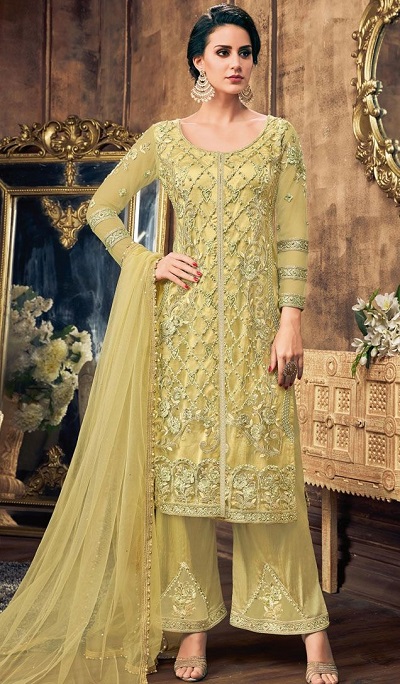 et Light Yellow Embroidered Suit With Plazo Salwar