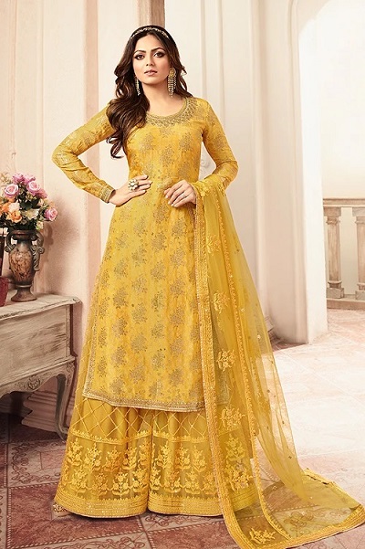 Party Wear Net Embroidered Yellow Sharara Kurti Dupatta Set