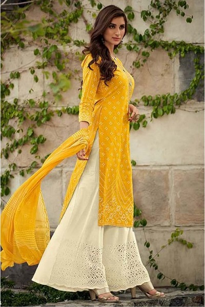 Simple Yellow Kurti Plazo Dupatta Set