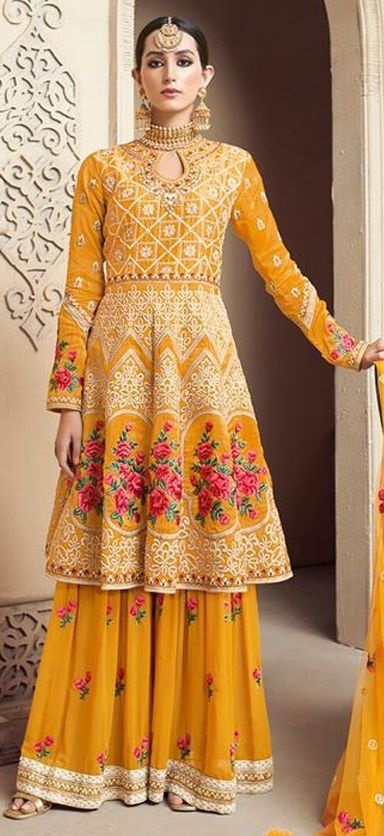 Yellow Anarkali Suit With Plazo Sharara Pants