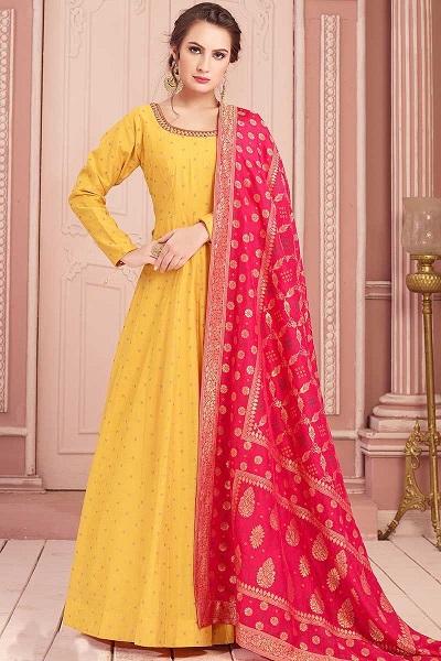 Yellow Silk Anarkali With Pink Banarasi Dupatta