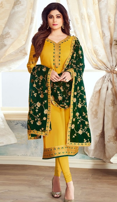 Yellow Silk Long Suit With Churidar And Green Dupatta