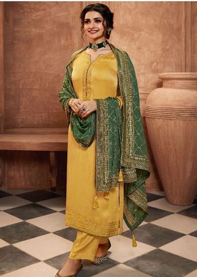Yellow Long Length Suit With Green Georgette Dupatta