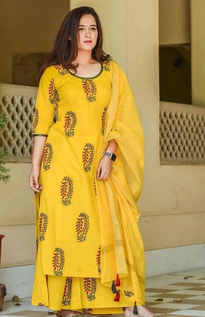 Yellow Printed Plazo Kurti Set For Women