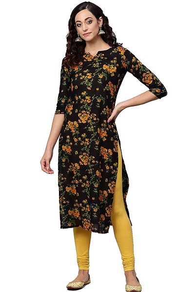 Black Floral Printed Kurti For Ladies