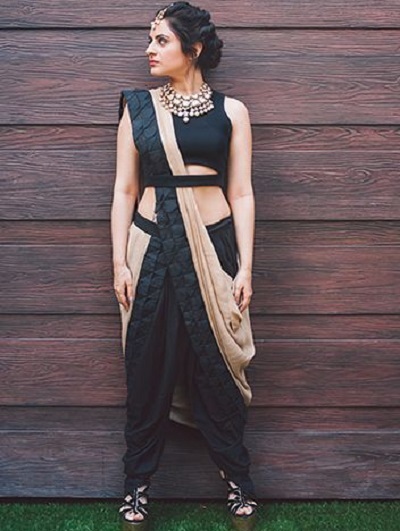 Black and white dhoti saree style with waist belt