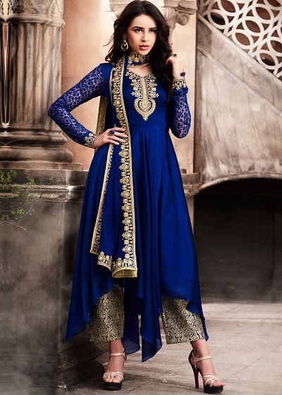 Blue Anarkali suit with plazo pants