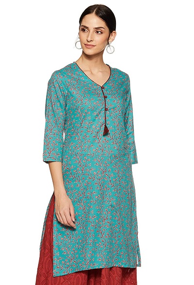 Blue Cotton Printed Kurti With Stylish Neck Design