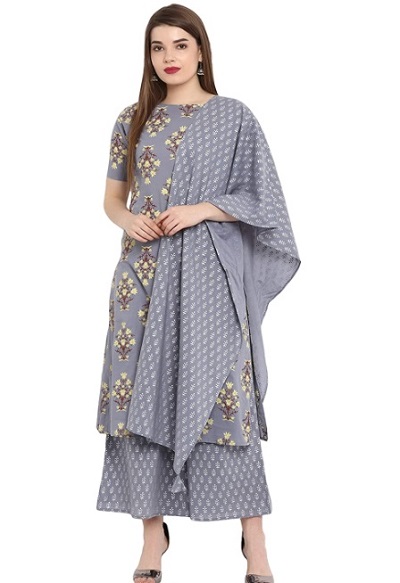 Blue Printed Casual Wear Kurta Dupatta And Palazzo Combination