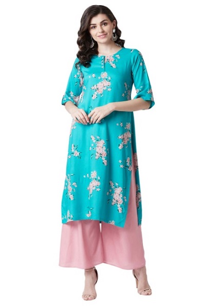 Blue and pink stylish printed kurti palazzo dress