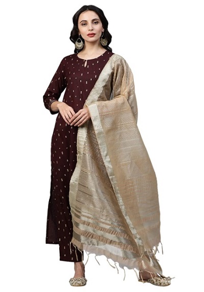 Brown and gold kurta pant set with cotton Silk dupatta
