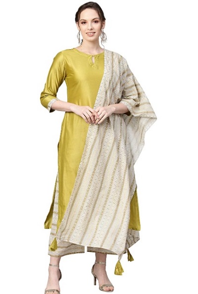 Cotton Silk Green Kurta With Beige Dupatta