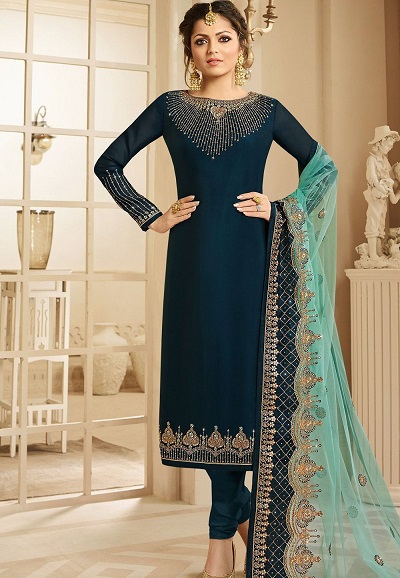 Dark blue salwar suit with light blue net dupatta