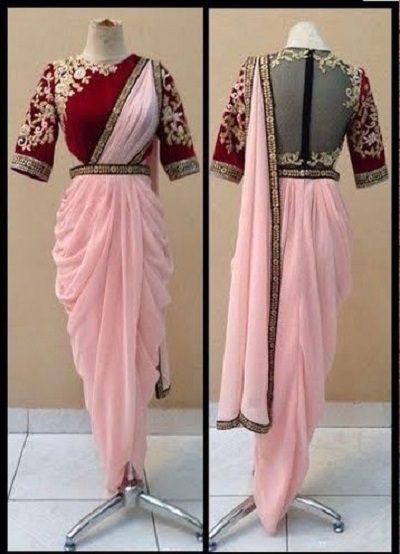 Embroidered blouse with pink dhoti style saree design