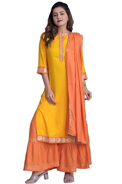 Festive Wear Yellow And Orange Kurta Dupatta Dress
