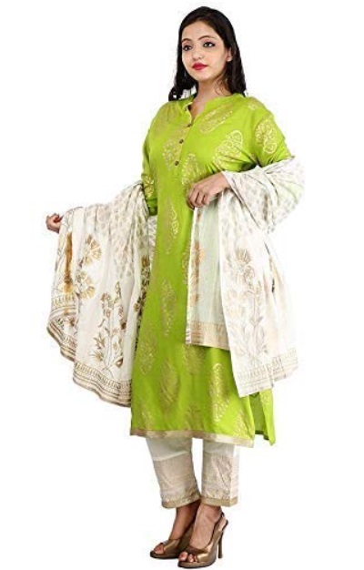 Green Floral Printed Kurta With White Dupatta