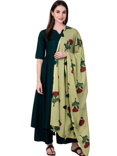 Green Rayon Kurta With Cotton Dupatta