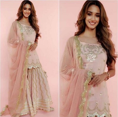 Light Pink Bollywood Style Gota Patti Work Sharara Suit For Women