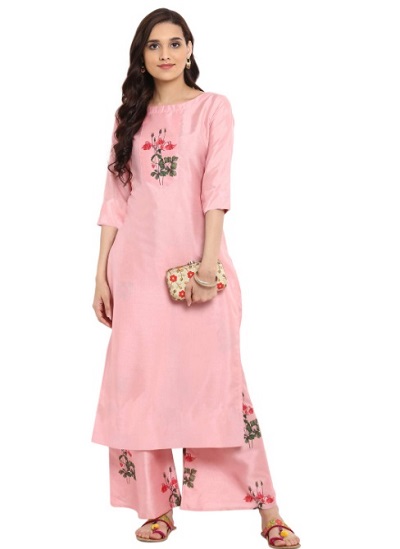 Light Pink Embroidered Kurta Palazzo In Art Silk Fabric