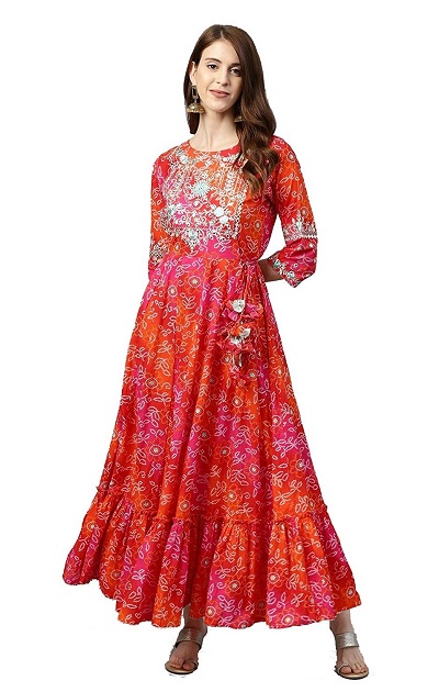 Long Multi Coloured Printed Anarkali Cotton Kurti For Parties