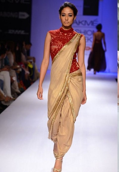 Maroon High Neck Blouse With Golden Dhoti Style Saree