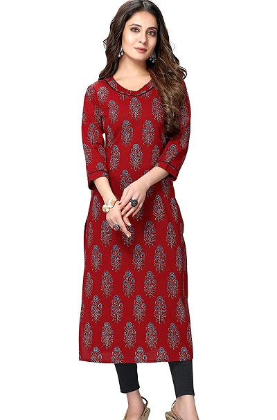 Maroon printed long kurti with straight fit